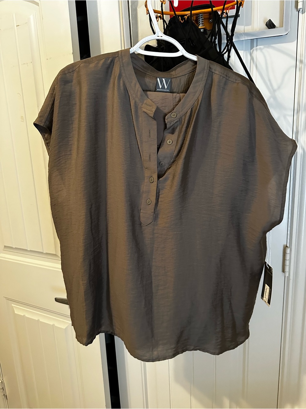 Worthington Brown Short-Sleeve Button Henley Top and pants suit
